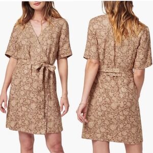 Faherty Tan Floral Faux Wrap Ashley 100% Linen Dress - XS